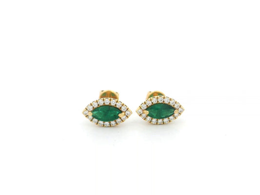 Marquise emerald and diamond halo stud earrings in 18K yellow gold by Emirates Diamonds