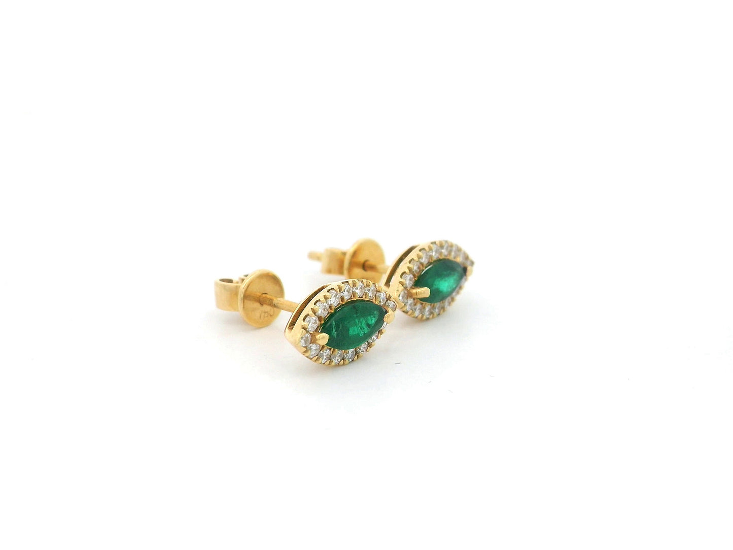 Marquise emerald and diamond halo stud earrings in 18K yellow gold by Emirates Diamonds