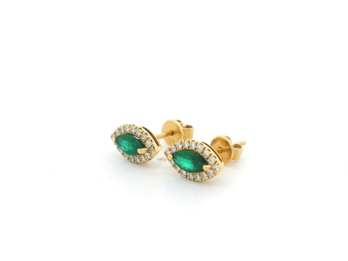 Marquise emerald and diamond halo stud earrings in 18K yellow gold by Emirates Diamonds