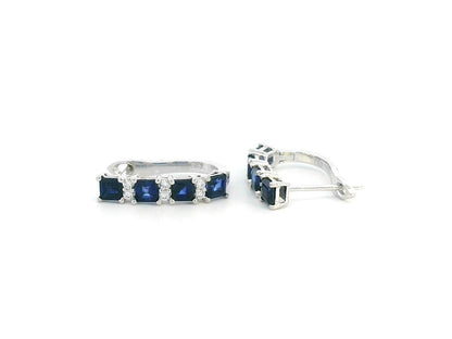 18K Gold Sapphire and Diamond Hoop Earrings - 1.62 CT Square-Cut Blue Sapphire and 0.15 CT Diamonds