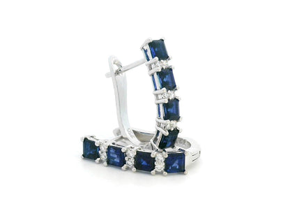 18K Gold Sapphire and Diamond Hoop Earrings - 1.62 CT Square-Cut Blue Sapphire and 0.15 CT Diamonds