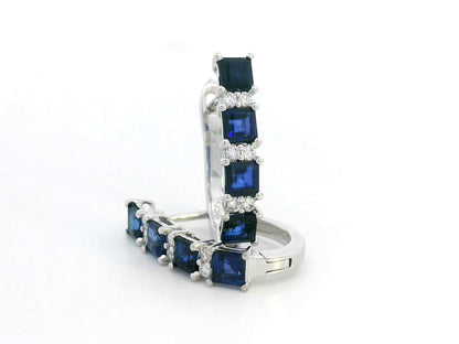 18K Gold Sapphire and Diamond Hoop Earrings - 1.62 CT Square-Cut Blue Sapphire and 0.15 CT Diamonds