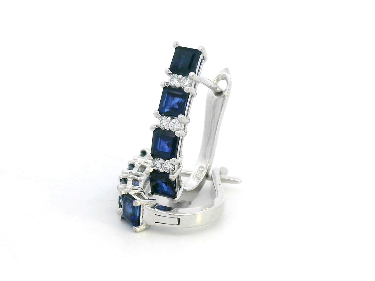 18K Gold Sapphire and Diamond Hoop Earrings - 1.62 CT Square-Cut Blue Sapphire and 0.15 CT Diamonds