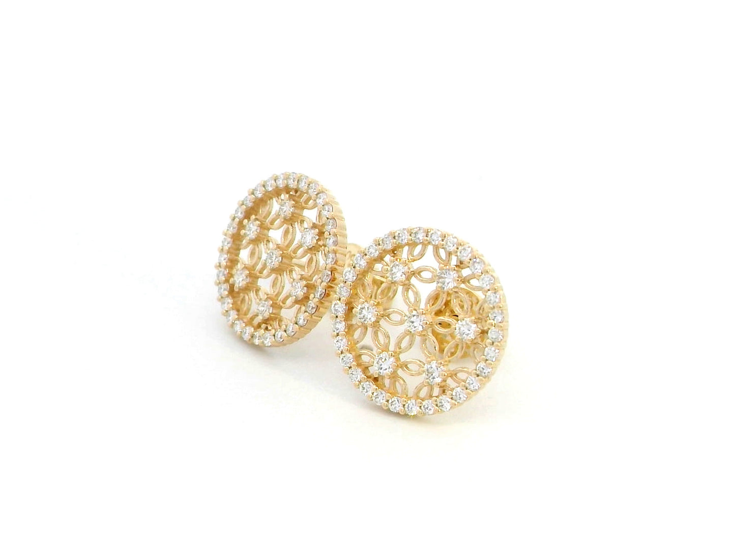 18K yellow gold filigree stud earrings featuring an intricate vintage-inspired openwork floral design, adorned with 0.69 carats of round diamonds and a delicate diamond halo, secured with push-back closures.