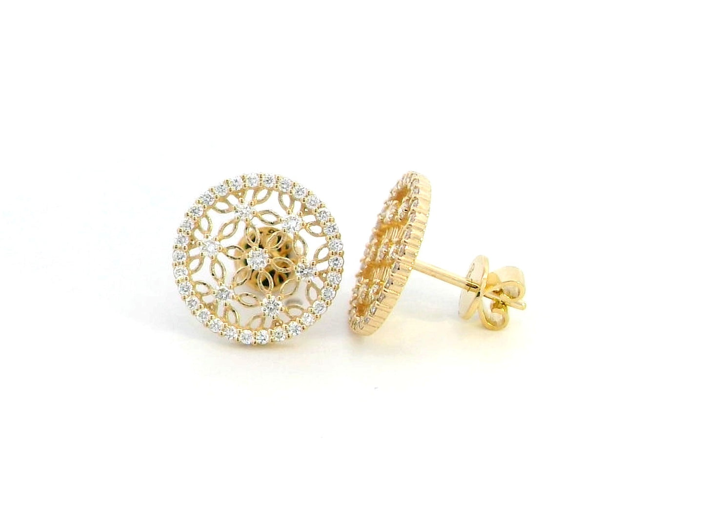 18K yellow gold filigree stud earrings featuring an intricate vintage-inspired openwork floral design, adorned with 0.69 carats of round diamonds and a delicate diamond halo, secured with push-back closures.