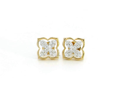 18K Yellow Gold Clover Diamond Stud Earrings featuring 0.25 carats of round-cut diamonds in a floral-inspired four-petal design with a scalloped gold border.