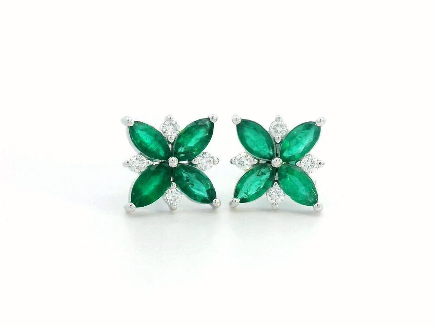 18K Gold Emerald and Diamond Flower Stud Earrings – Marquise-cut emerald petals with round diamond accents in a floral design