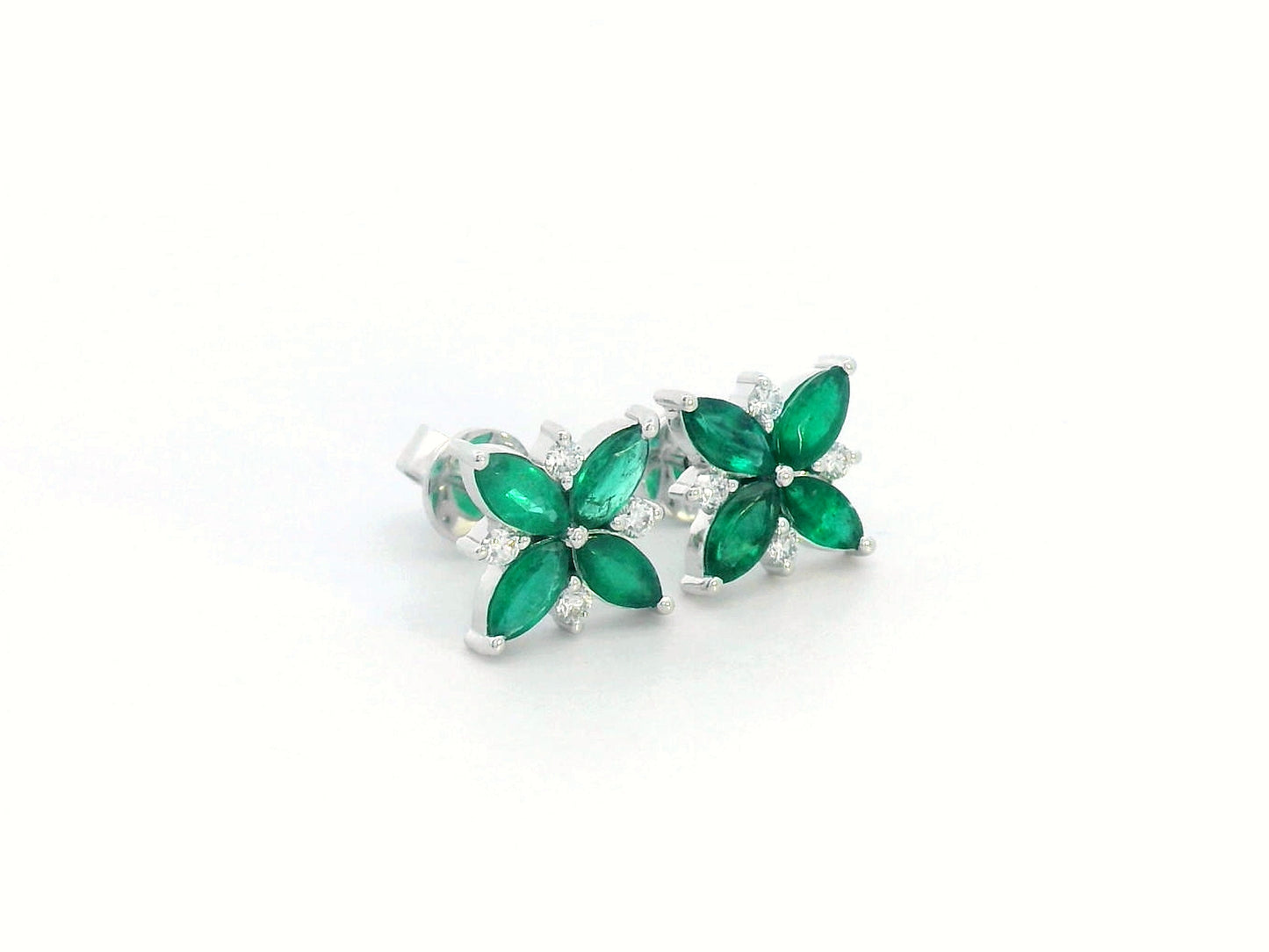 18K Gold Emerald and Diamond Flower Stud Earrings – Marquise-cut emerald petals with round diamond accents in a floral design