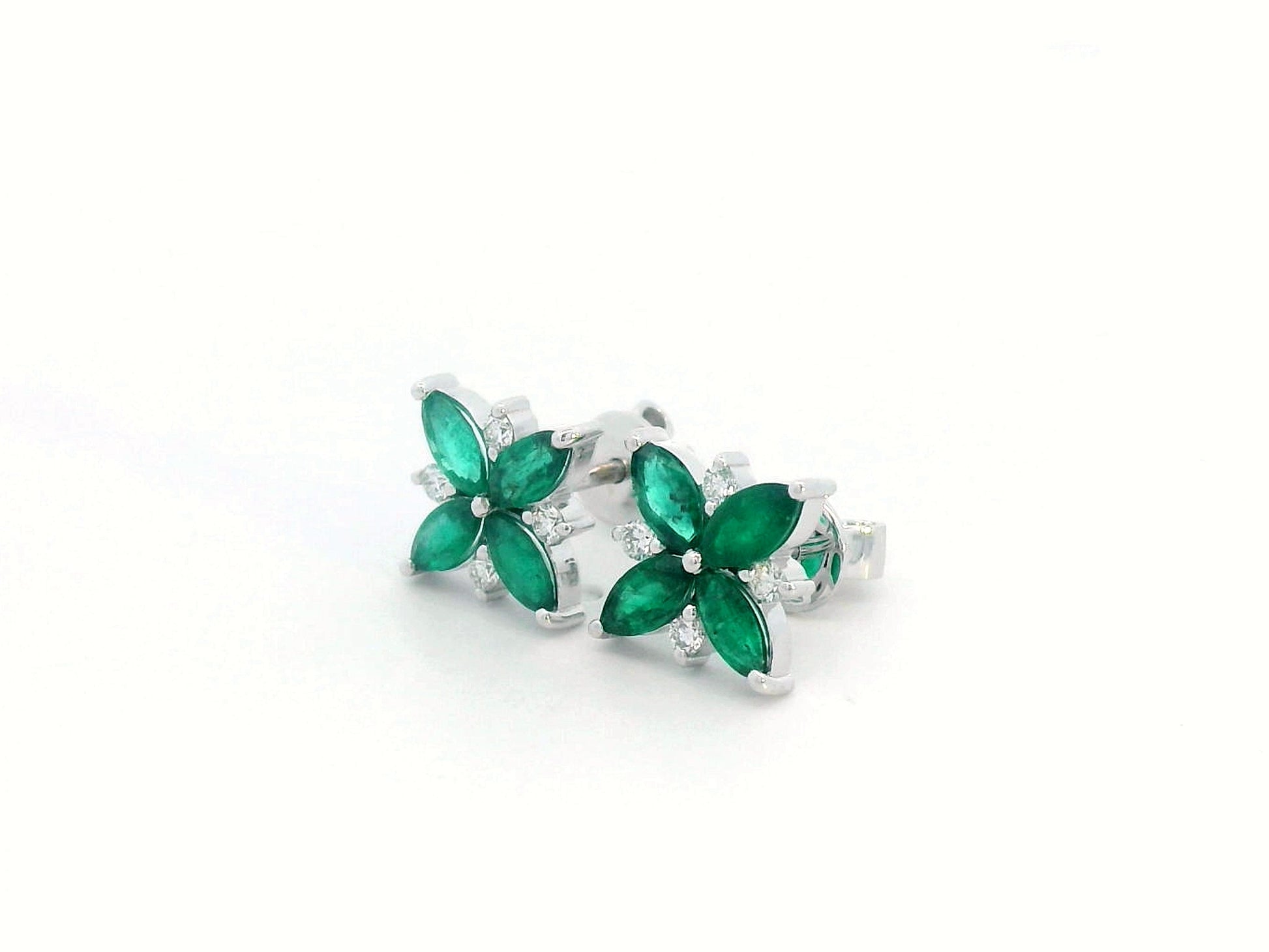 18K Gold Emerald and Diamond Flower Stud Earrings – Marquise-cut emerald petals with round diamond accents in a floral design