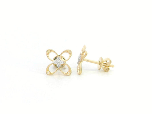 18K gold floral stud earrings with 0.05ct diamonds, featuring an open-petal design for a delicate, minimalist look.