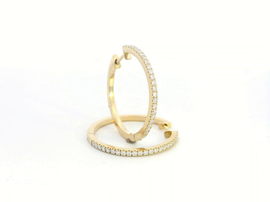 18K gold diamond hoop earrings with 0.48ct pave-set diamonds, featuring a slim, minimalist design for timeless elegance.