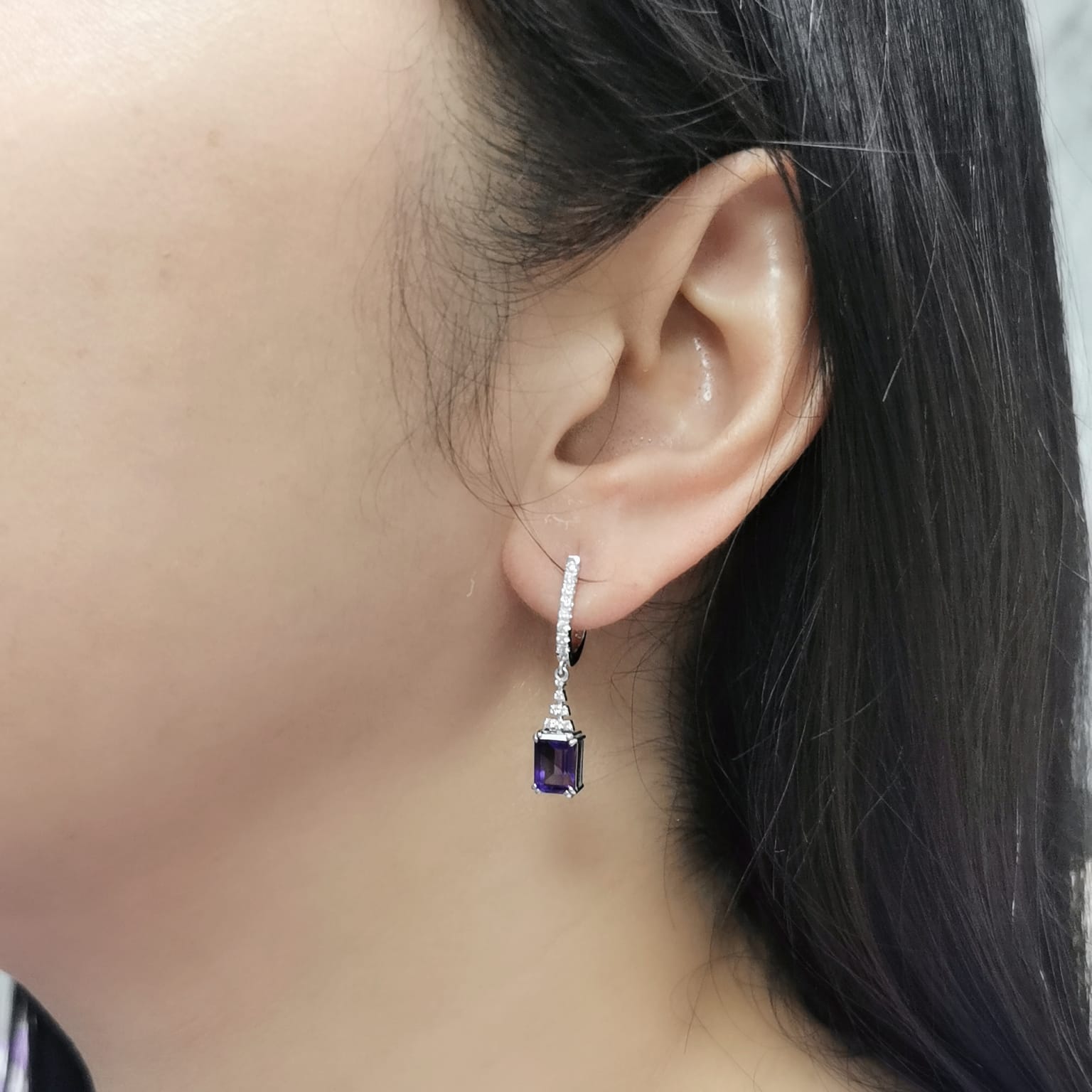 Emerald-cut Amethyst and Diamond Dangle Earrings in 18K White Gold – Luxury Jewelry for Women