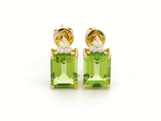 18K gold Peridot earrings with diamond accents, featuring emerald-cut 3.23 carat Peridot gemstones and 0.05 carat diamonds, 