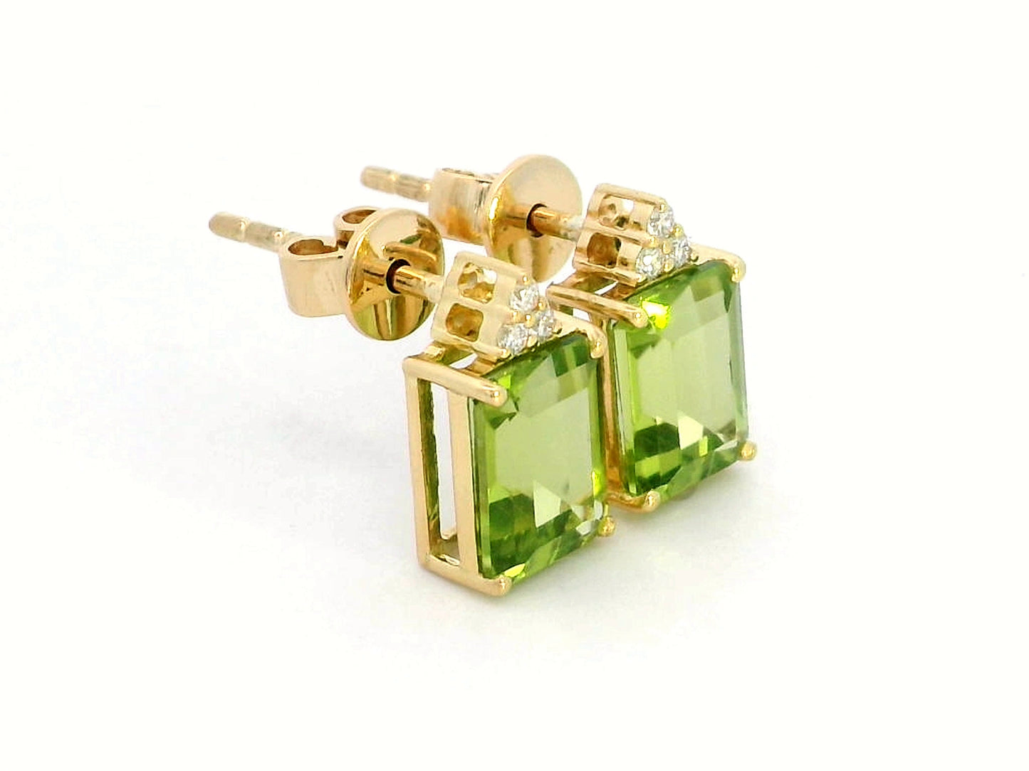 18K gold Peridot earrings with diamond accents, featuring emerald-cut 3.23 carat Peridot gemstones and 0.05 carat diamonds, 