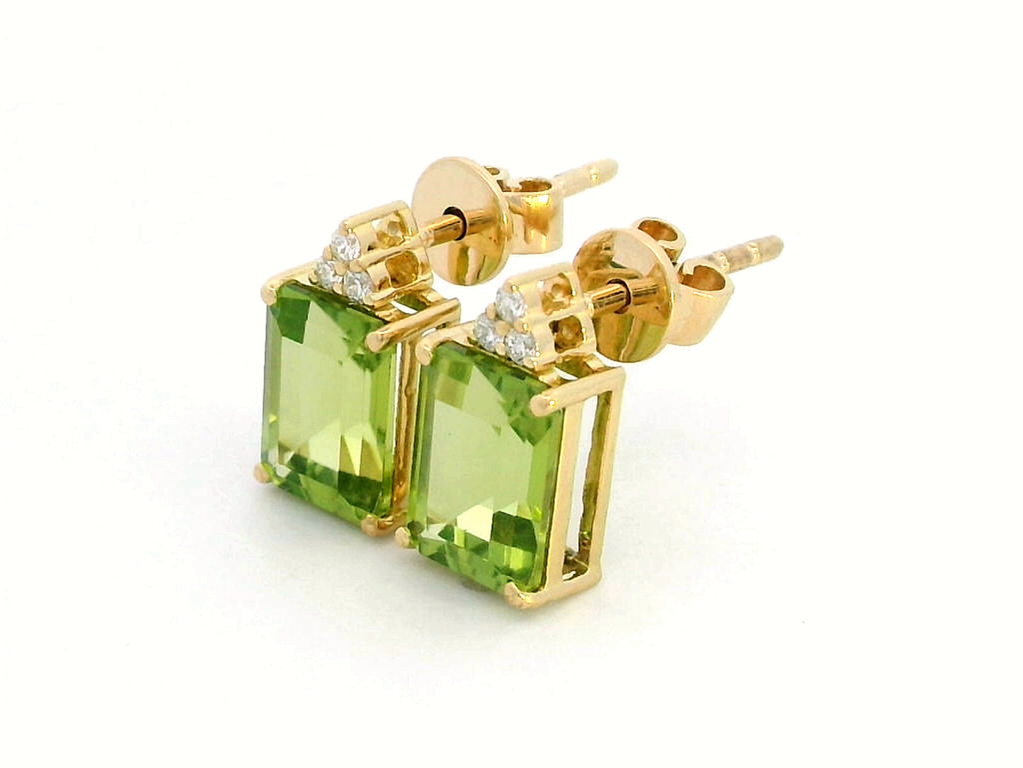 18K gold Peridot earrings with diamond accents, featuring emerald-cut 3.23 carat Peridot gemstones and 0.05 carat diamonds, 