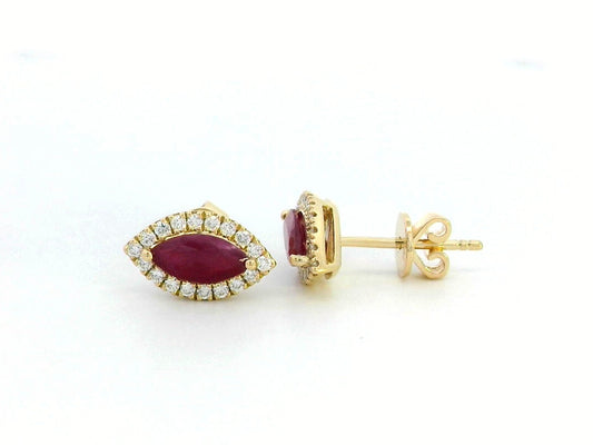18K Yellow Gold Ruby and Diamond Halo Stud Earrings – 1.19 Carat Marquise-Cut Ruby with 0.28 Carat Diamond Halo, Elegant Fine Jewelry for Women