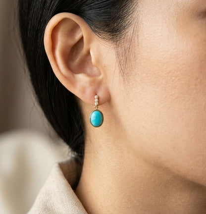 18K yellow gold oval turquoise drop earrings with natural diamond accents