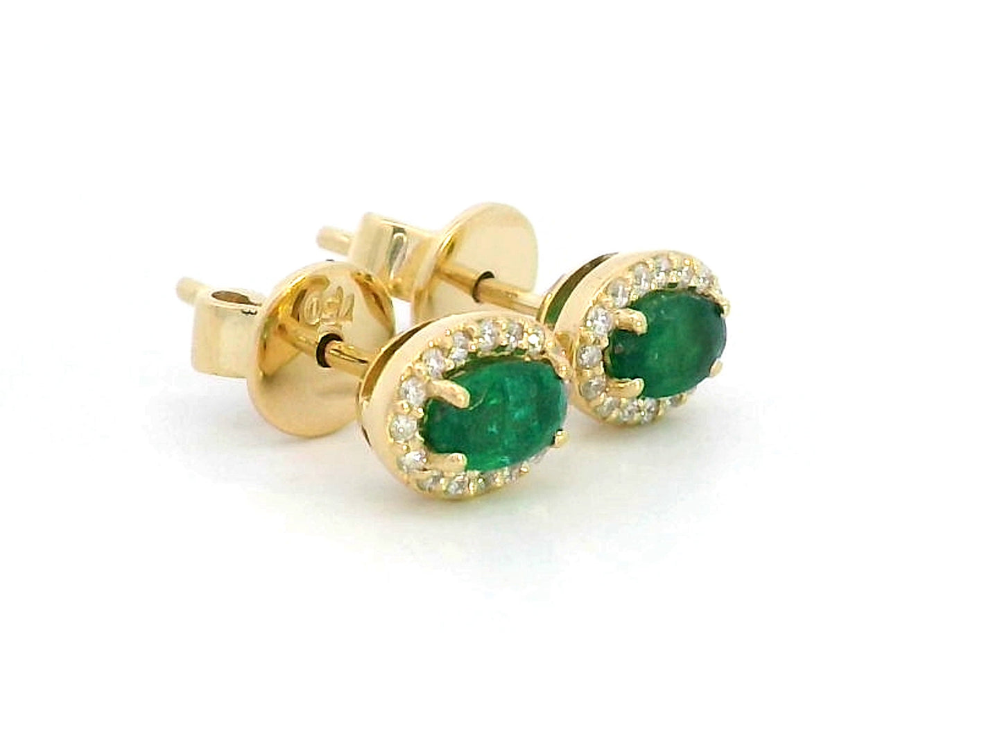 18K Yellow Gold Oval Emeralds & Diamond Halo Earrings – 0.49ct Emerald, 0.11ct Diamond