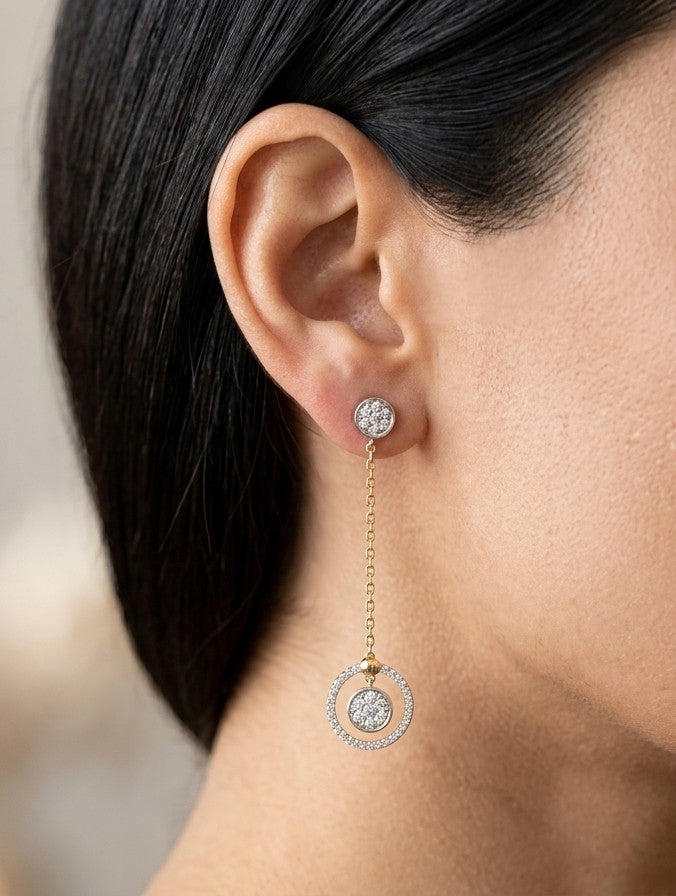 18K yellow gold diamond drop earrings with long fine chain and circular diamond design, 0.50 carat total diamond weight.