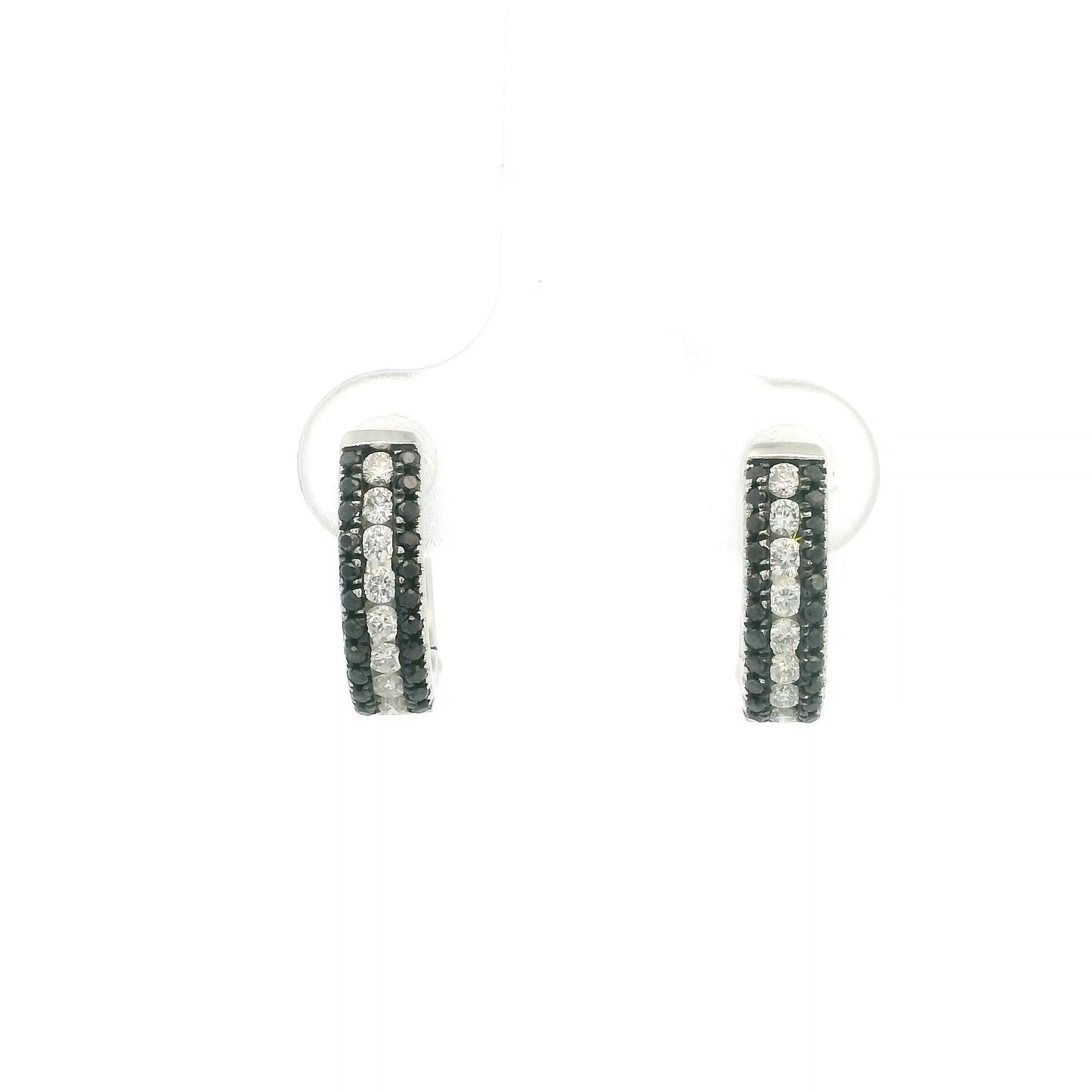 Black and white diamond hoop earrings in 18K white gold with three rows of round diamonds