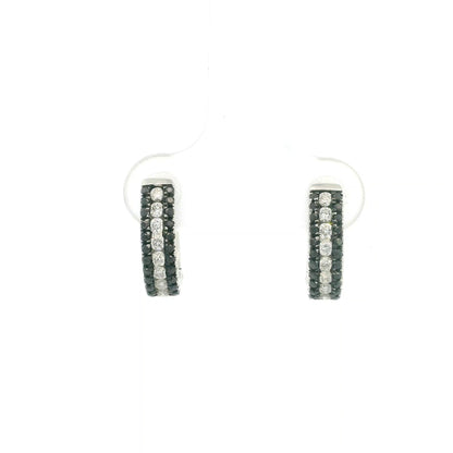 Black and white diamond hoop earrings in 18K white gold with three rows of round diamonds