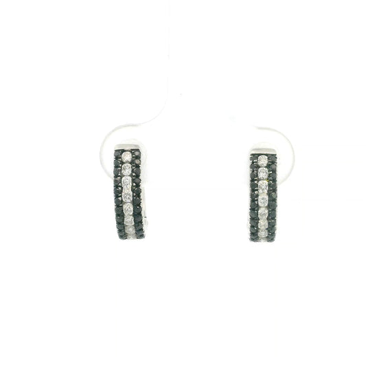 Black and white diamond hoop earrings in 18K white gold with three rows of round diamonds