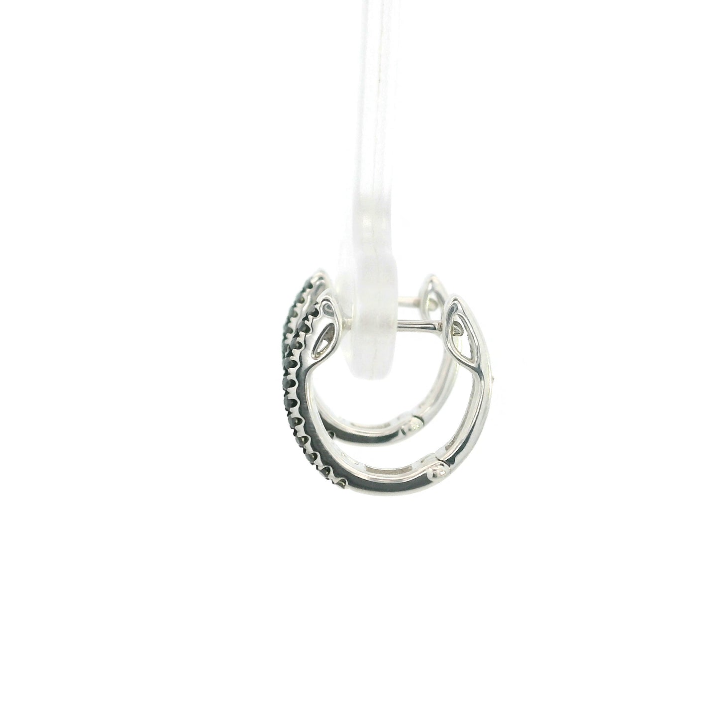 Black and white diamond hoop earrings in 18K white gold with three rows of round diamonds