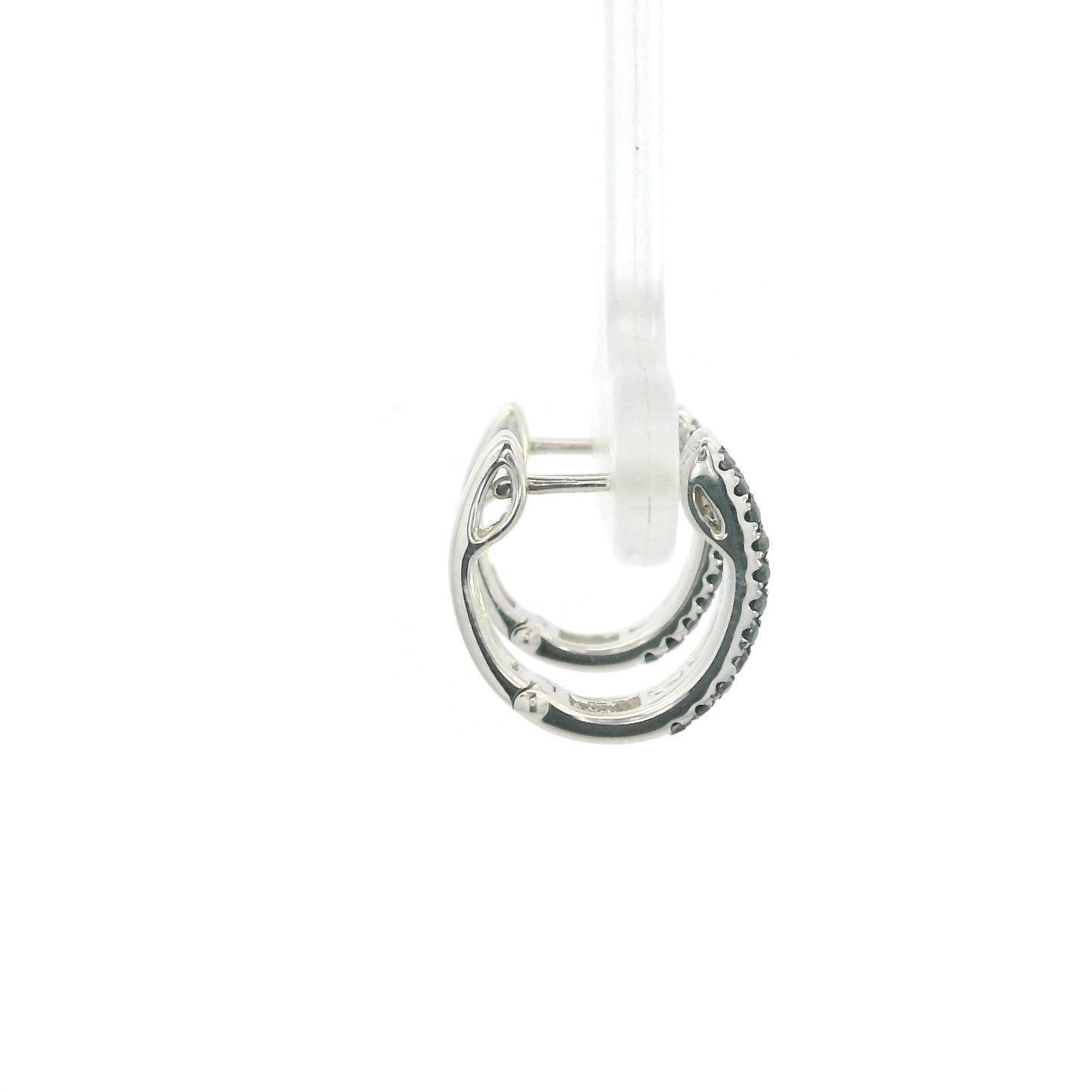 Black and white diamond hoop earrings in 18K white gold with three rows of round diamonds