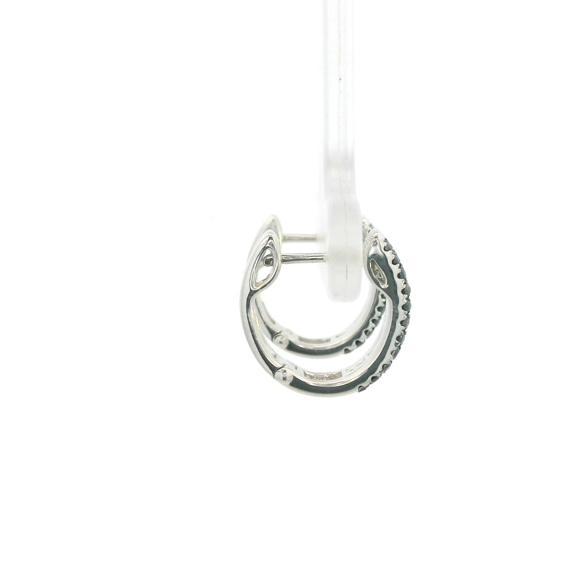 Black and white diamond hoop earrings in 18K white gold with three rows of round diamonds
