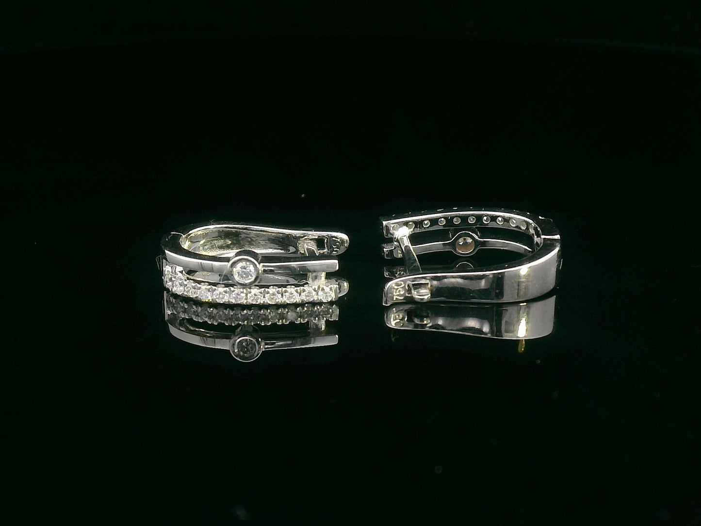 Two-row 18K white gold huggie earrings with pavé and bezel-set diamonds