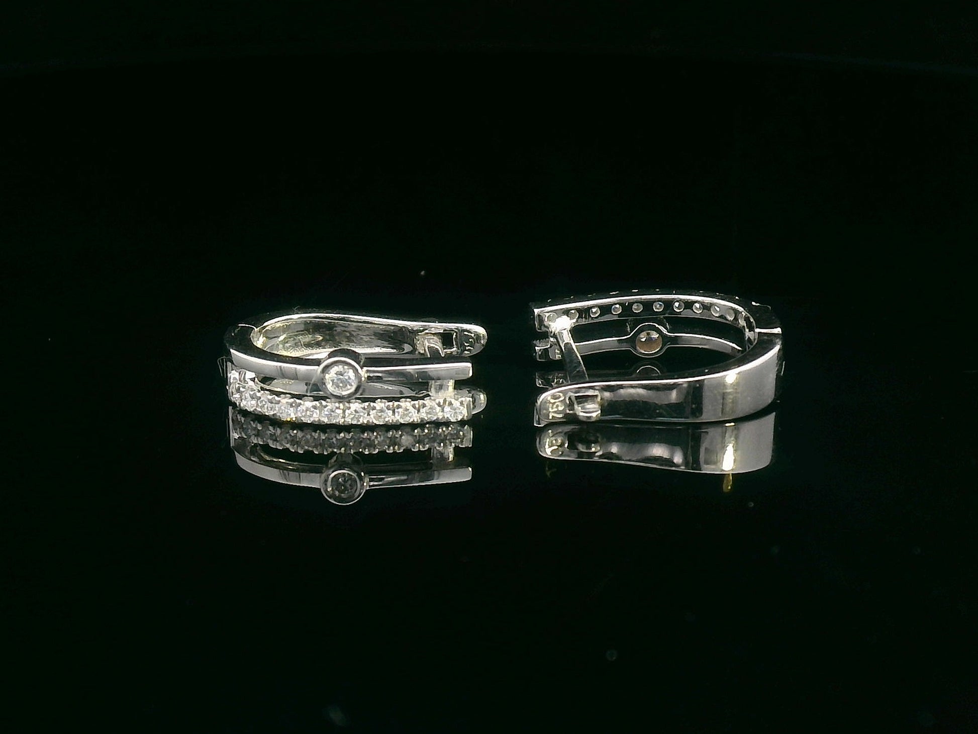 Two-row 18K white gold huggie earrings with pavé and bezel-set diamonds