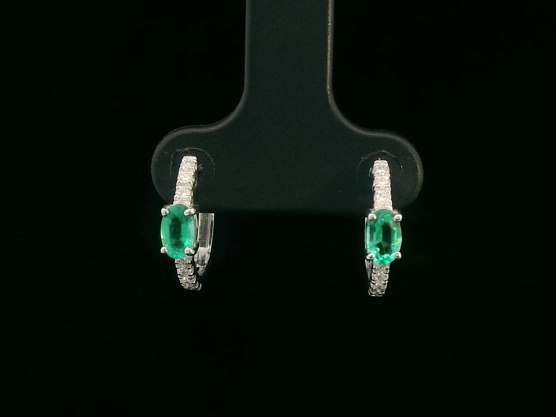 18K White Gold Hoop Earrings with Oval Emeralds and Diamond Accents 
