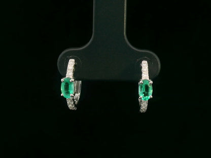 18K White Gold Hoop Earrings with Oval Emeralds and Diamond Accents 