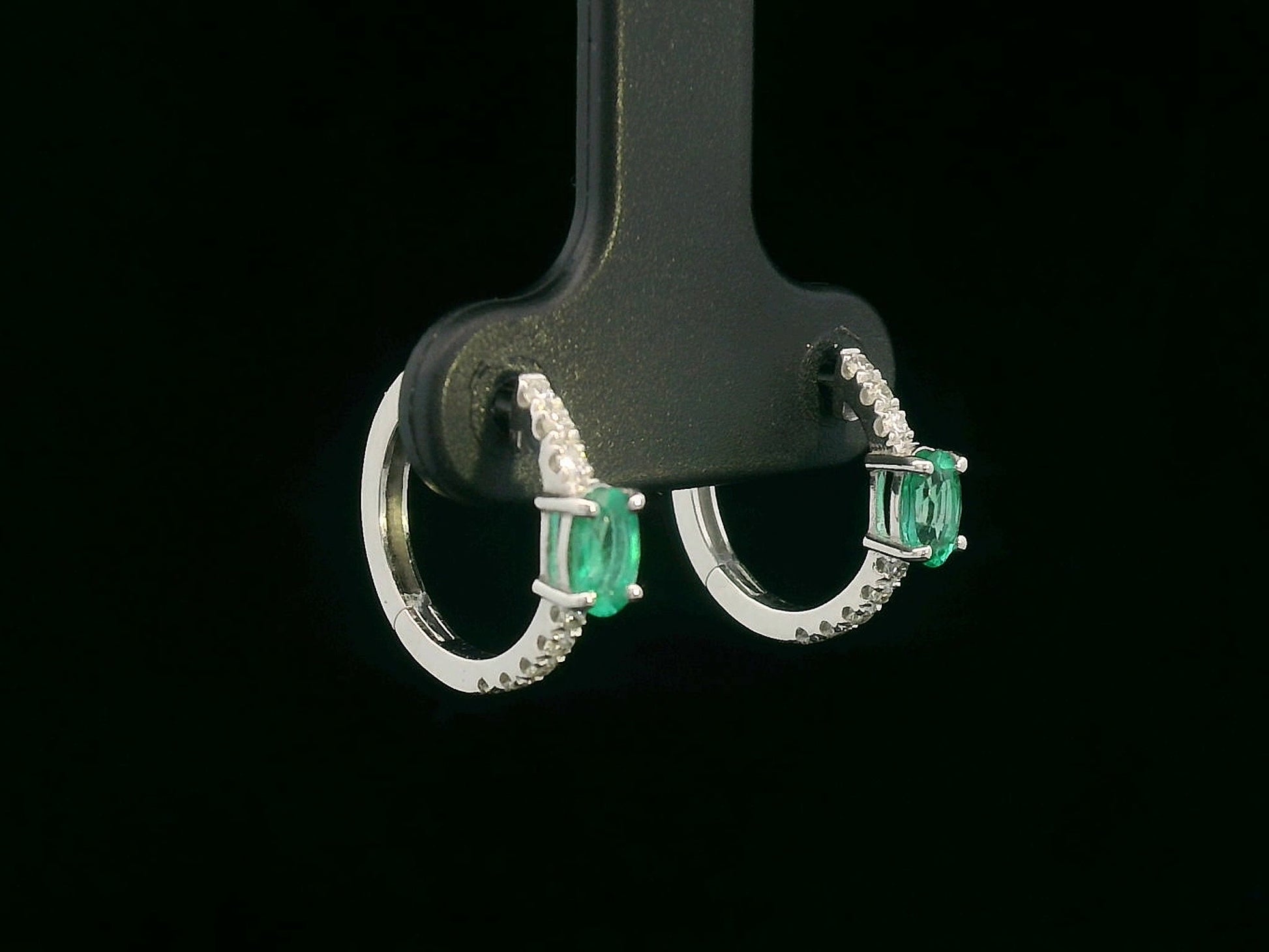 18K White Gold Hoop Earrings with Oval Emeralds and Diamond Accents 
