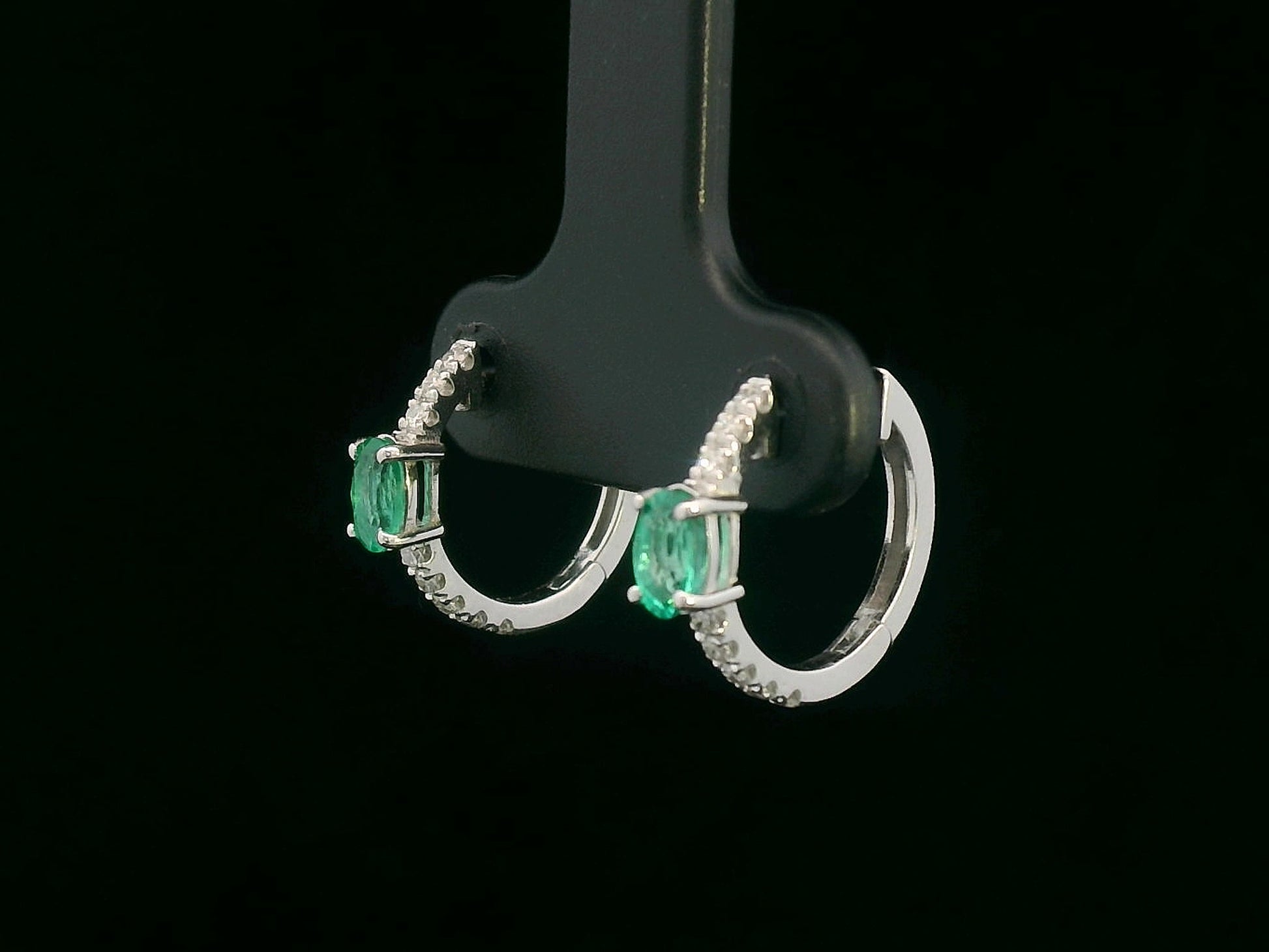 18K White Gold Hoop Earrings with Oval Emeralds and Diamond Accents 