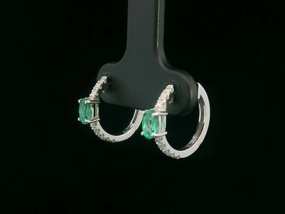 18K White Gold Hoop Earrings with Oval Emeralds and Diamond Accents 
