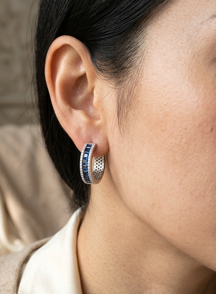 18K white gold sapphire and diamond hoop earrings with square-cut blue sapphires and round diamond borders