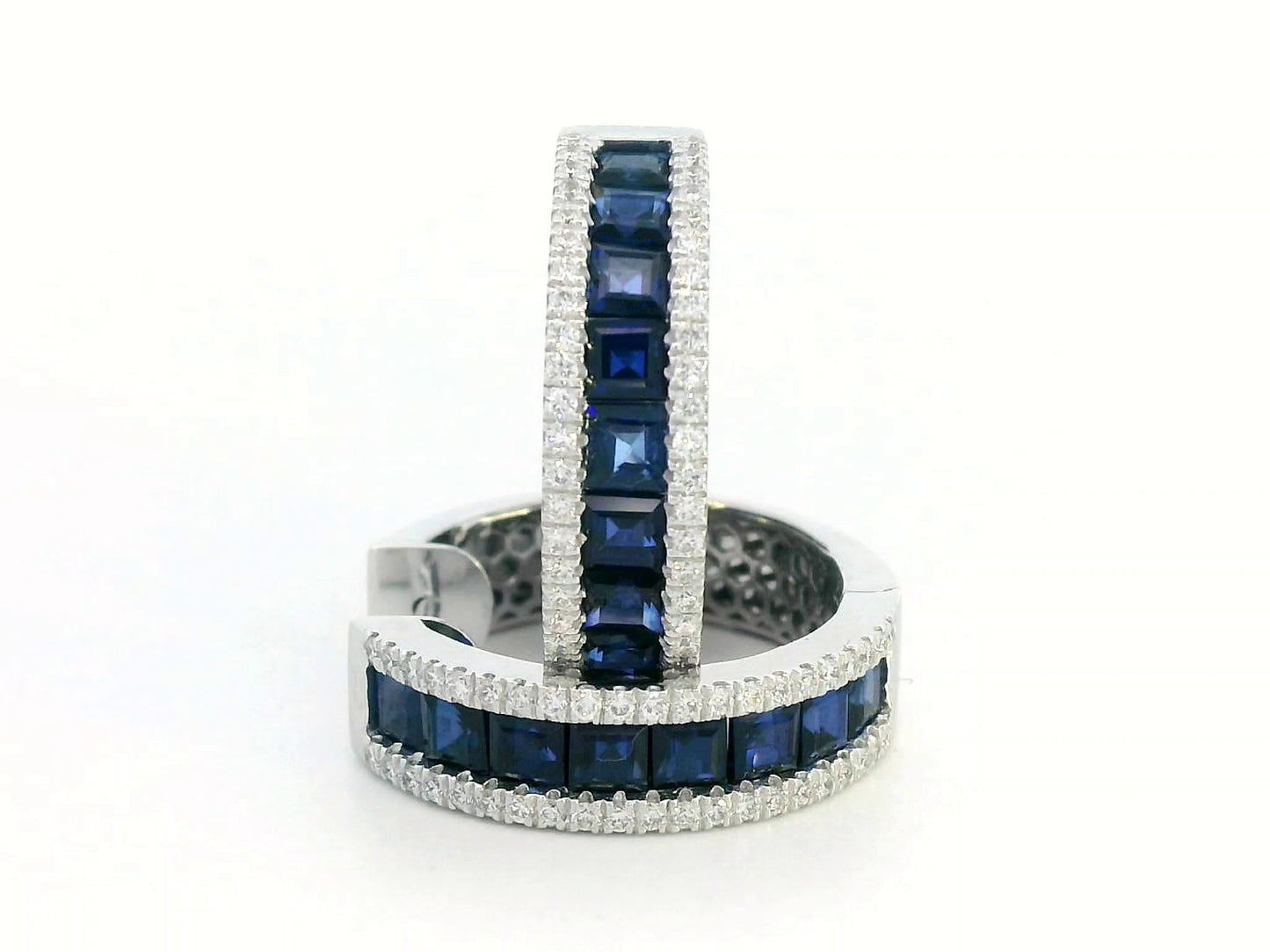 18K white gold hoop earrings with blue sapphires and diamonds