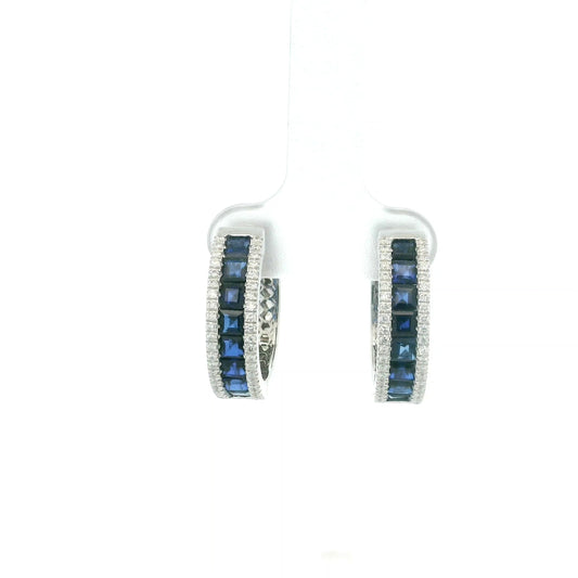 18K white gold sapphire and diamond hoop earrings with square-cut blue sapphires and round diamond borders