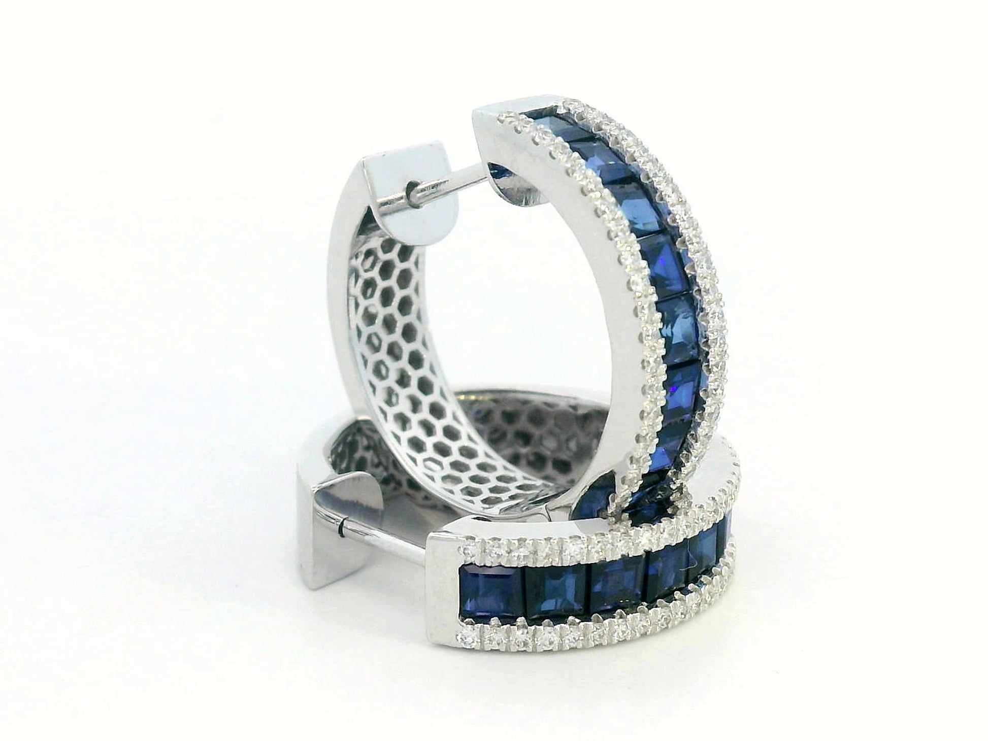 18K white gold hoop earrings with blue sapphires and diamonds