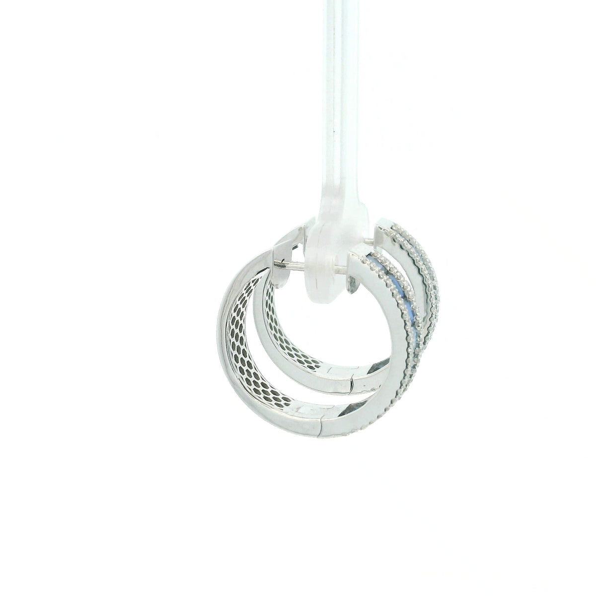 18K white gold sapphire and diamond hoop earrings with square-cut blue sapphires and round diamond borders