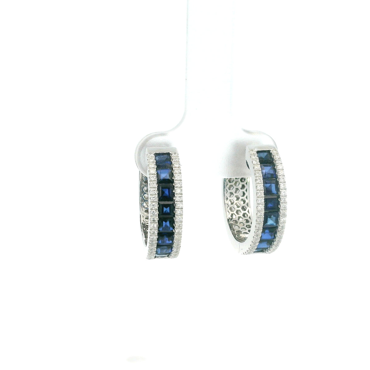 18K white gold sapphire and diamond hoop earrings with square-cut blue sapphires and round diamond borders