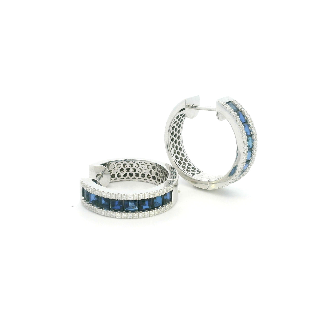 18K white gold sapphire and diamond hoop earrings with square-cut blue sapphires and round diamond borders
