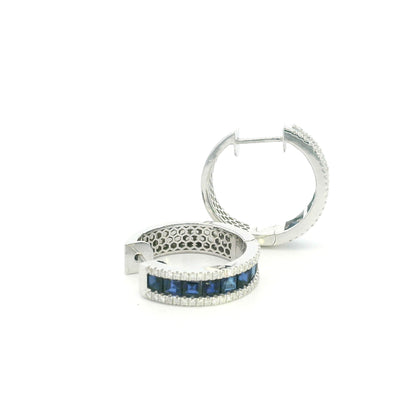 18K white gold sapphire and diamond hoop earrings with square-cut blue sapphires and round diamond borders