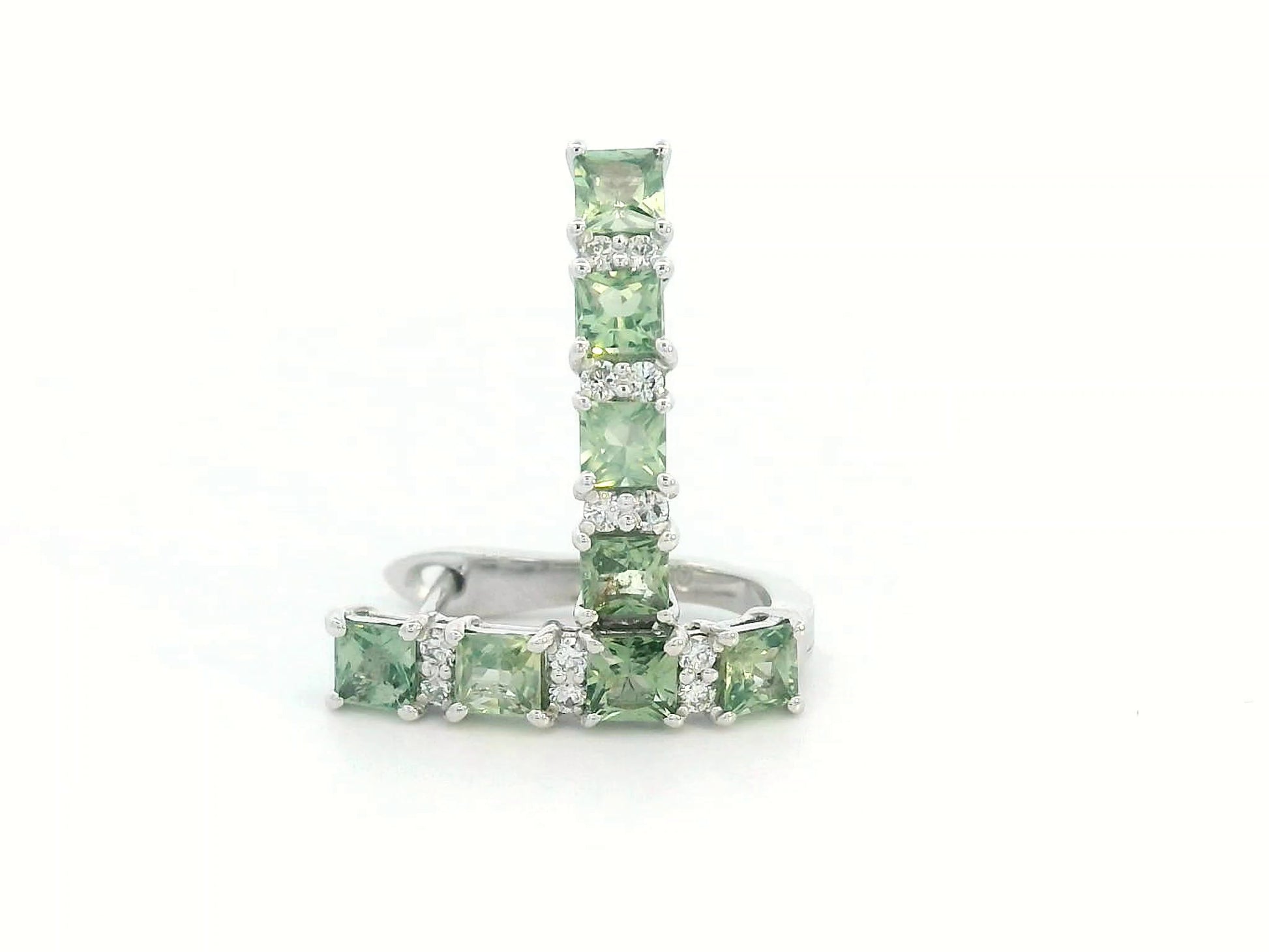  18K white gold hoop earrings with princess-cut green sapphires and round diamonds