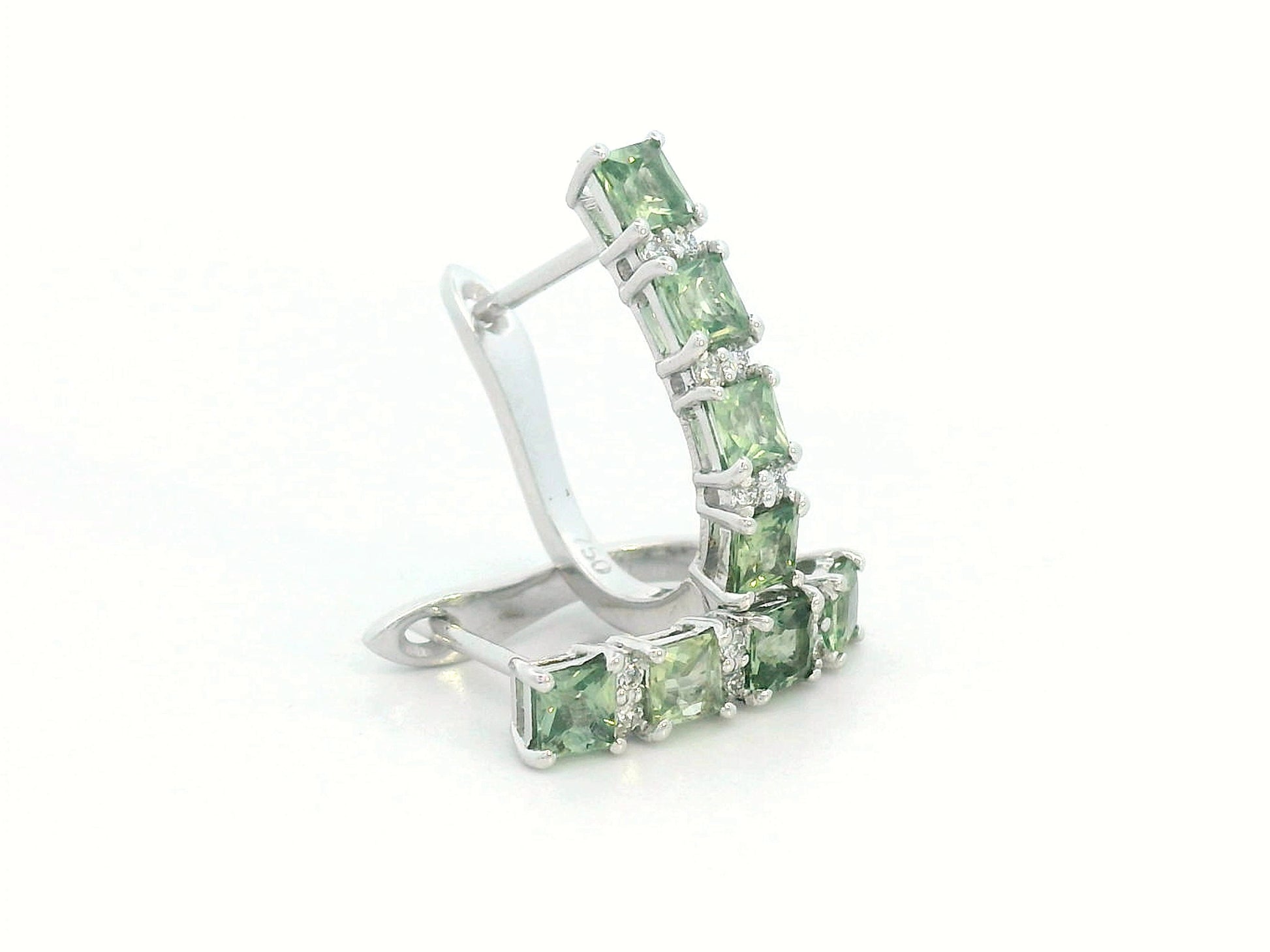  18K white gold hoop earrings with princess-cut green sapphires and round diamonds