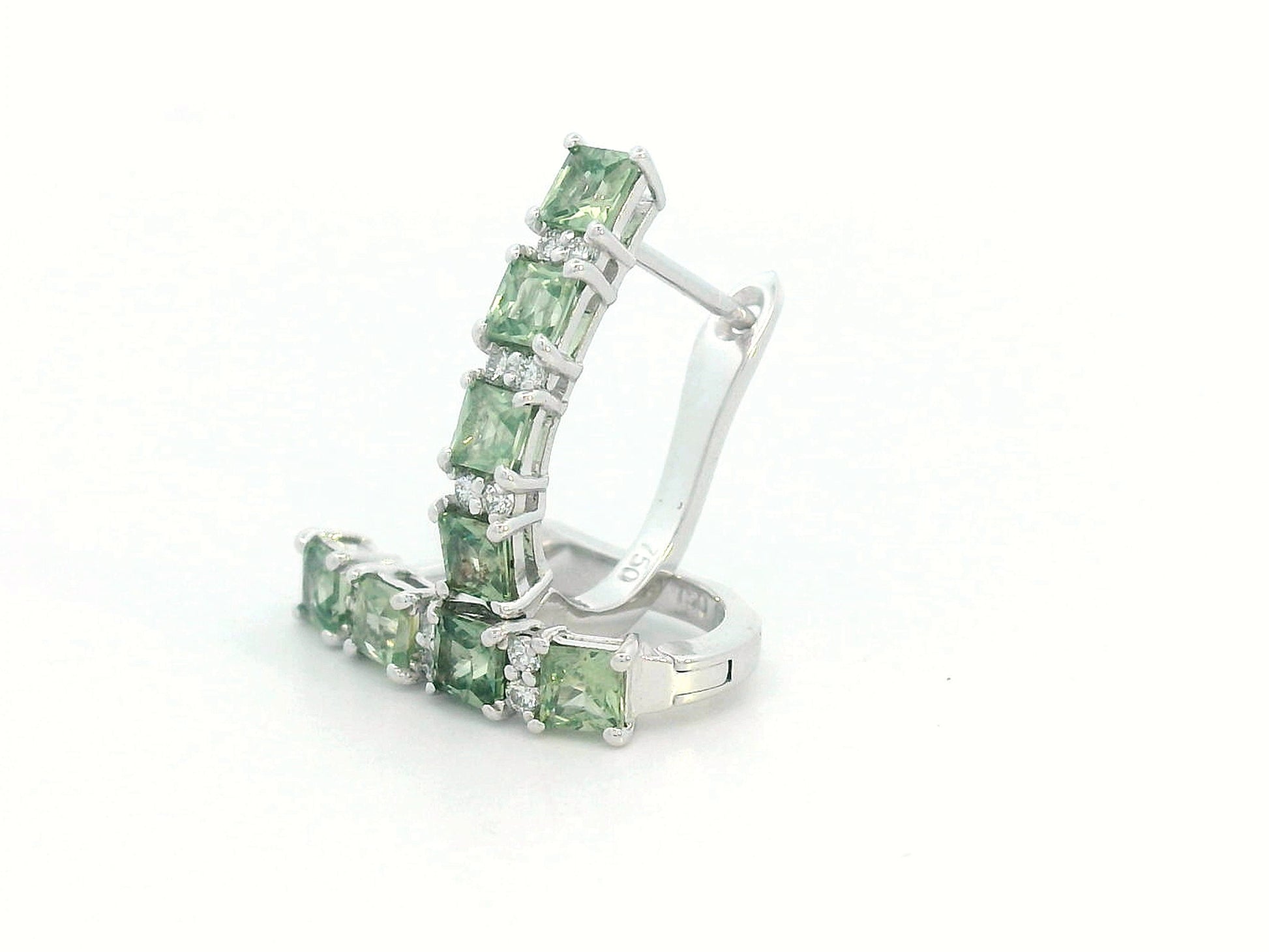  18K white gold hoop earrings with princess-cut green sapphires and round diamonds