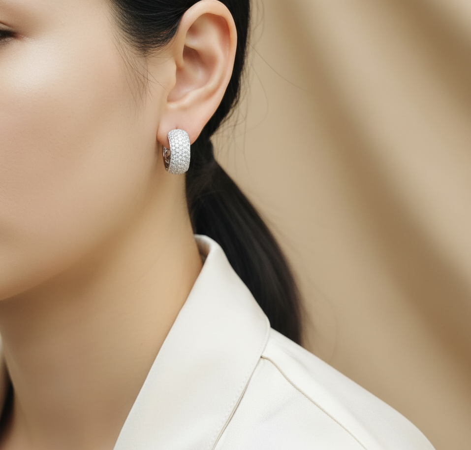 18K white gold pavé diamond hoop earrings — domed diamond hoops with 2.26ct total weight by Emirates Diamonds