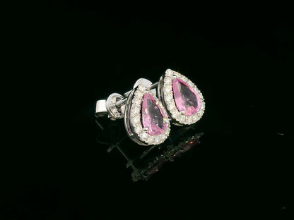 Pear-shaped pink sapphire stud earrings with diamond halo in 18K white gold – 1.38ct sapphires and 0.33ct diamonds