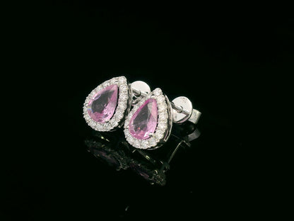 Pear-shaped pink sapphire stud earrings with diamond halo in 18K white gold – 1.38ct sapphires and 0.33ct diamonds